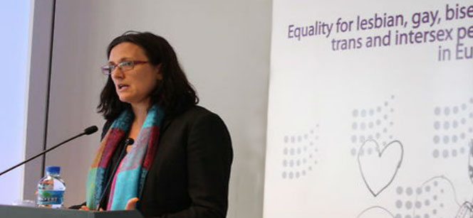Cecilia Malmström at the launch of the LGBTI rights report. Photo: ILGA-Europe