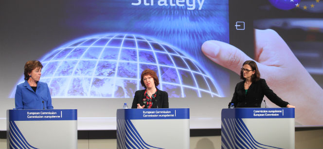 Thursday's press conference with Commission Vice-Presidents Neelie Kroes and Catherine Ashton and Commissioner for Home Affairs Cecilia Malmström. Photo: EbS