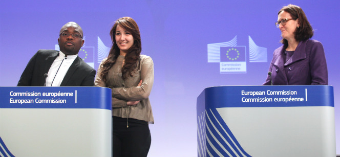 At Monday's press conference in Brussels: Bellarminus Kakpovi, PhD student from Benin, and Fatma Abidi, Masters student from Tunisia told about their experiences. To the right is Commissioner Cecilia Malmström. Photo: European Commission
