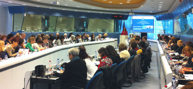 Commissioner Malmström speaking at the launch event in Brussels, where 100 organisations participated. Photo: Tove Ernst