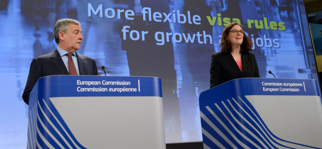 Press conference with Commission Vice President Antonio Tajani and Commissioner Cecilia Malmström in Brussels. Photo: European Commission