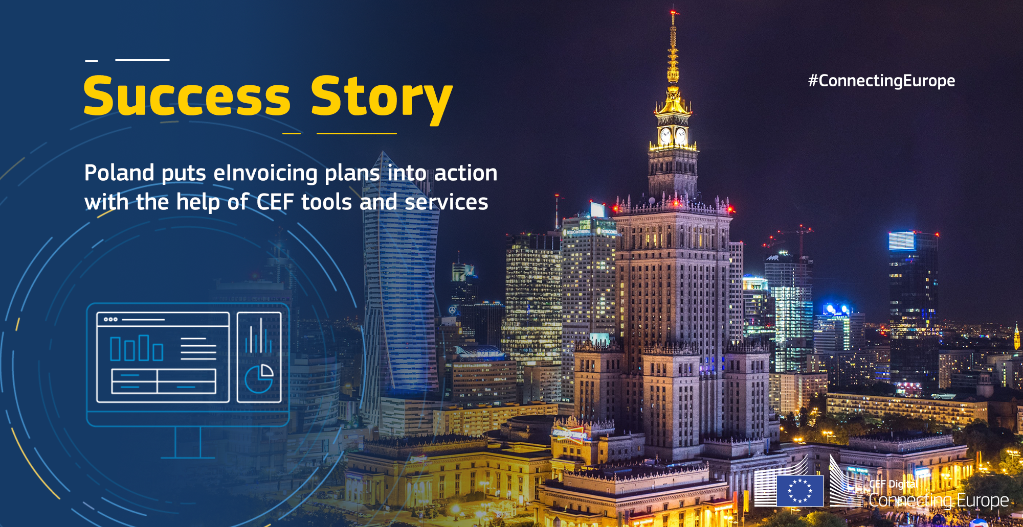 Title of the success story against a background of the Palace of culture in Warsaw lit up at night