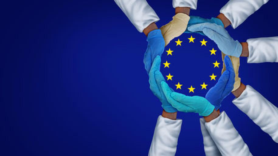 Hands encircling EU symbol