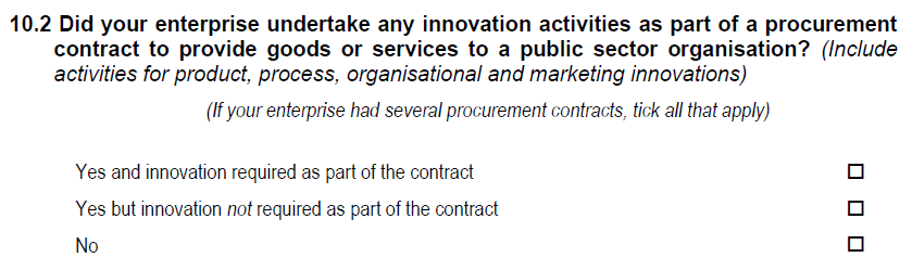 Survey question ‘Innovation undertaken as part of provision contracts with the public sector’, see PDF questionnaire document in CIS2012