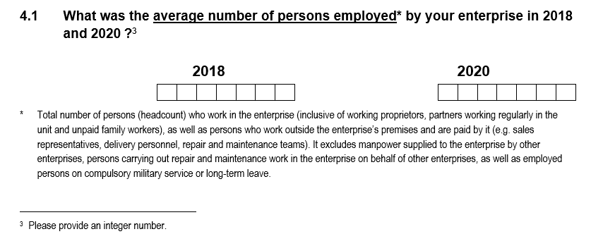 Survey question ‘Number of employees and self-employed persons’, see PDF questionnaire document in CIS2020