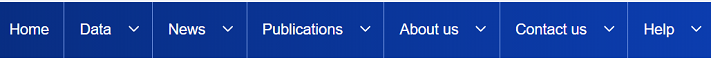 Image of the website navigation panel located on the top of the website. It is showing the main navigation topics, which are 'Home', 'Data', 'News', 'Publications', 'About us', 'Contact us' and 'Help'.