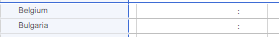 Screenshot of the table view showing Belgium and Bulgaria in the row and empty cells with a colon in the column