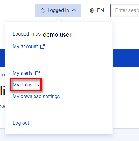 Screenshot of the drop-down that appears when clicking on 'Logged in' in the top banner showing the entry called 'My datasets'.