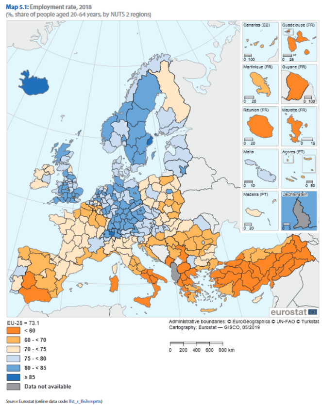 Map: Employment rate by NUTS region, 2018