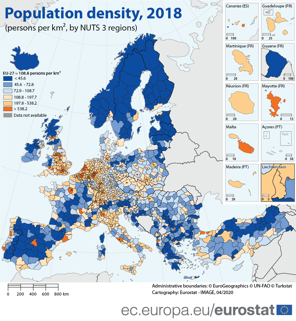 Infographic: Population density, 2018 (persons per square kilometre, by NUTS 3 regions)
