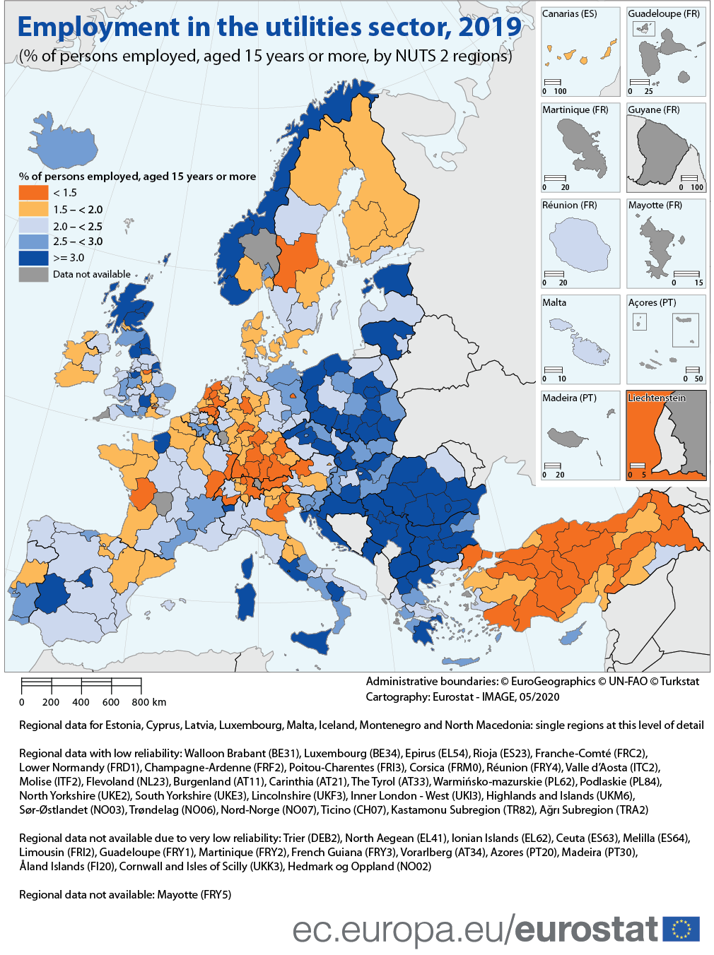 Map: Employment in the utilities sector, 2019 (per cent of persons employed, aged 15 years or more, by NUTS 2 regions)