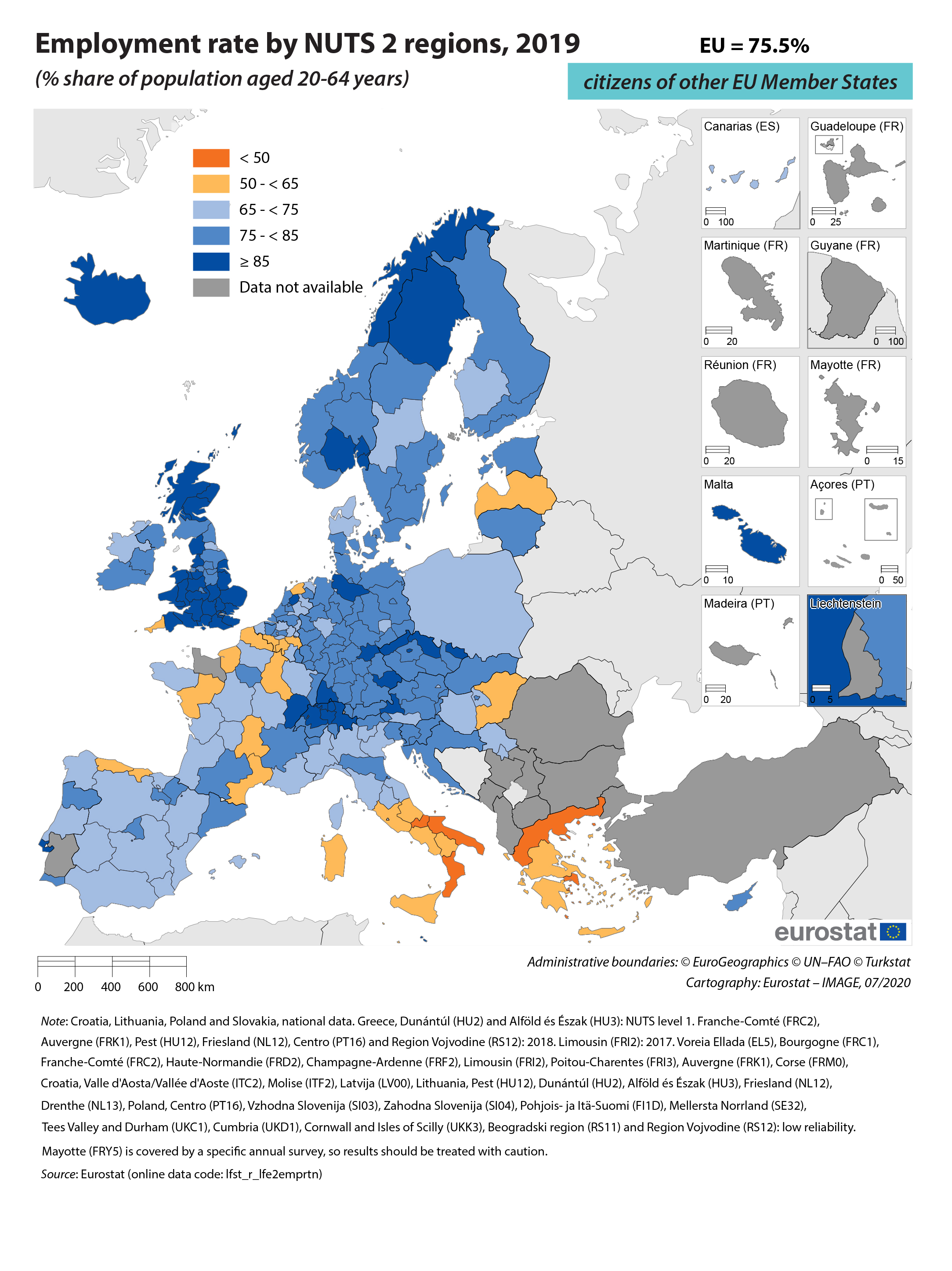 Employment rate by NUTS 2 regions, 2019 - citizens of other EU Member States