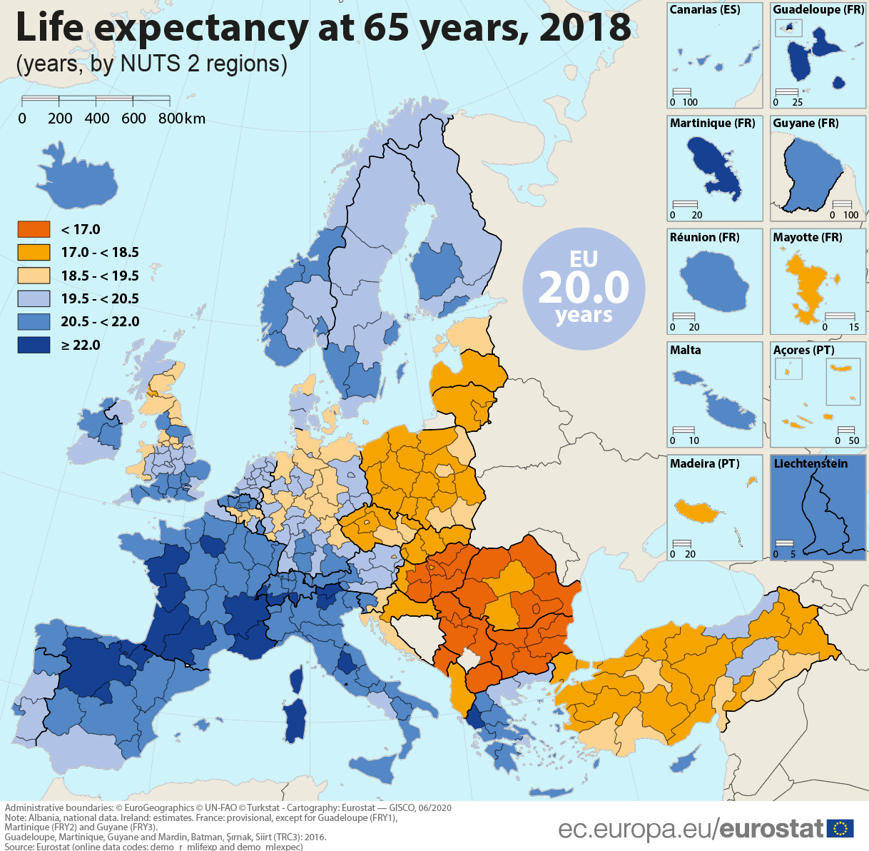 Life expectancy at 65 across EU regions, 2018