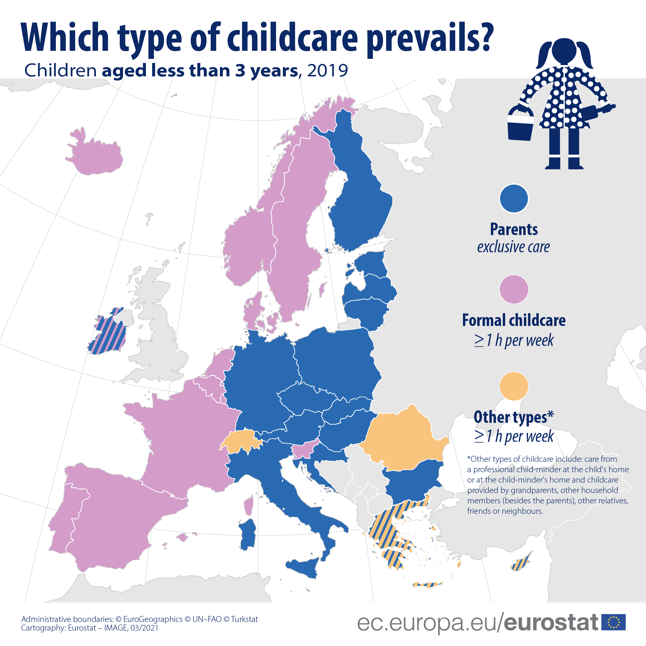 Map of Europe showing which type of childcare prevails in each EU and EFTA country, 2019 data for children under 3 years of age