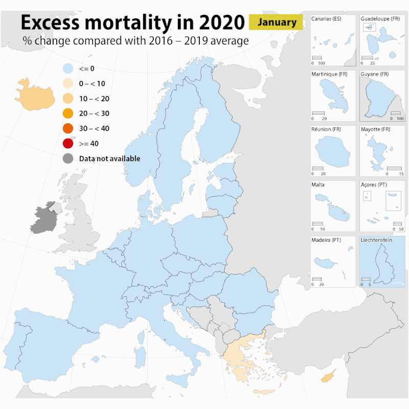 Excess mortality in 2020 and 2021, compared with the same period in 2016 – 2019