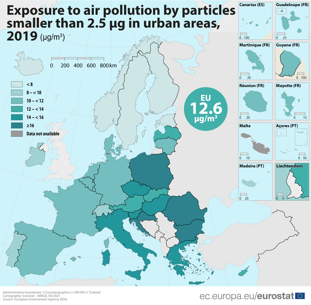 Exposición a la contaminación del aire en las ciudades por país de la UE, datos de 2019