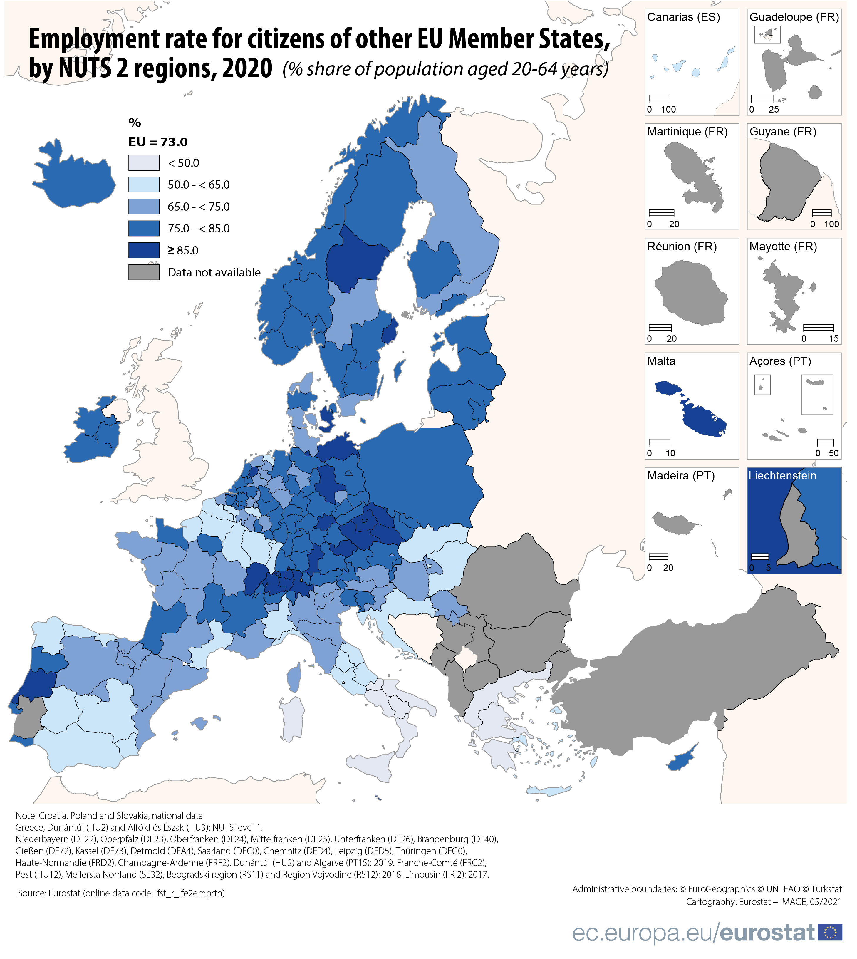 Employment rate of citizens of other EU countries, NUTS 2 regions, 2020 data