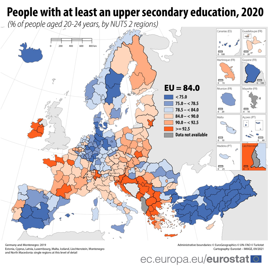 Map of EU regions: share of people (aged 20-24) with at least an upper secondary education, 2020