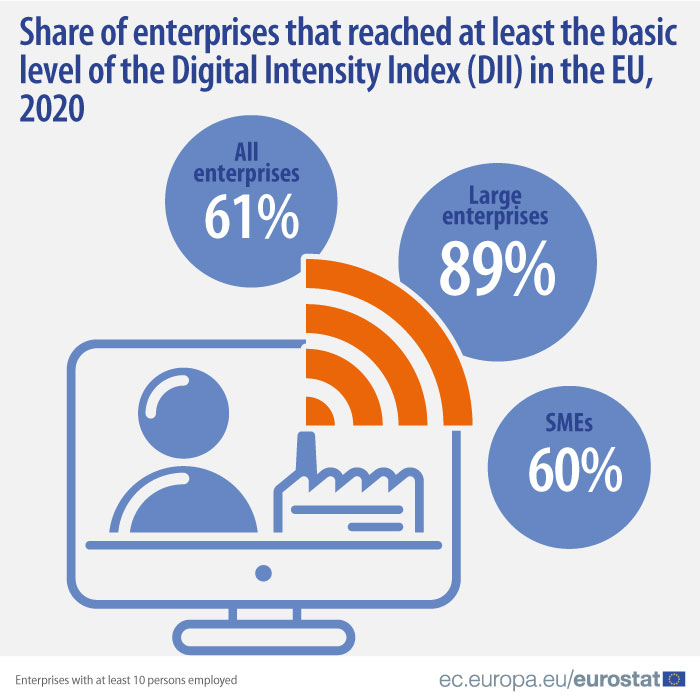 Infographic: Share of enterprises (with at least 10 persons employed) that reached at least the basic level of the Digital Intensity Index in the EU, 2020