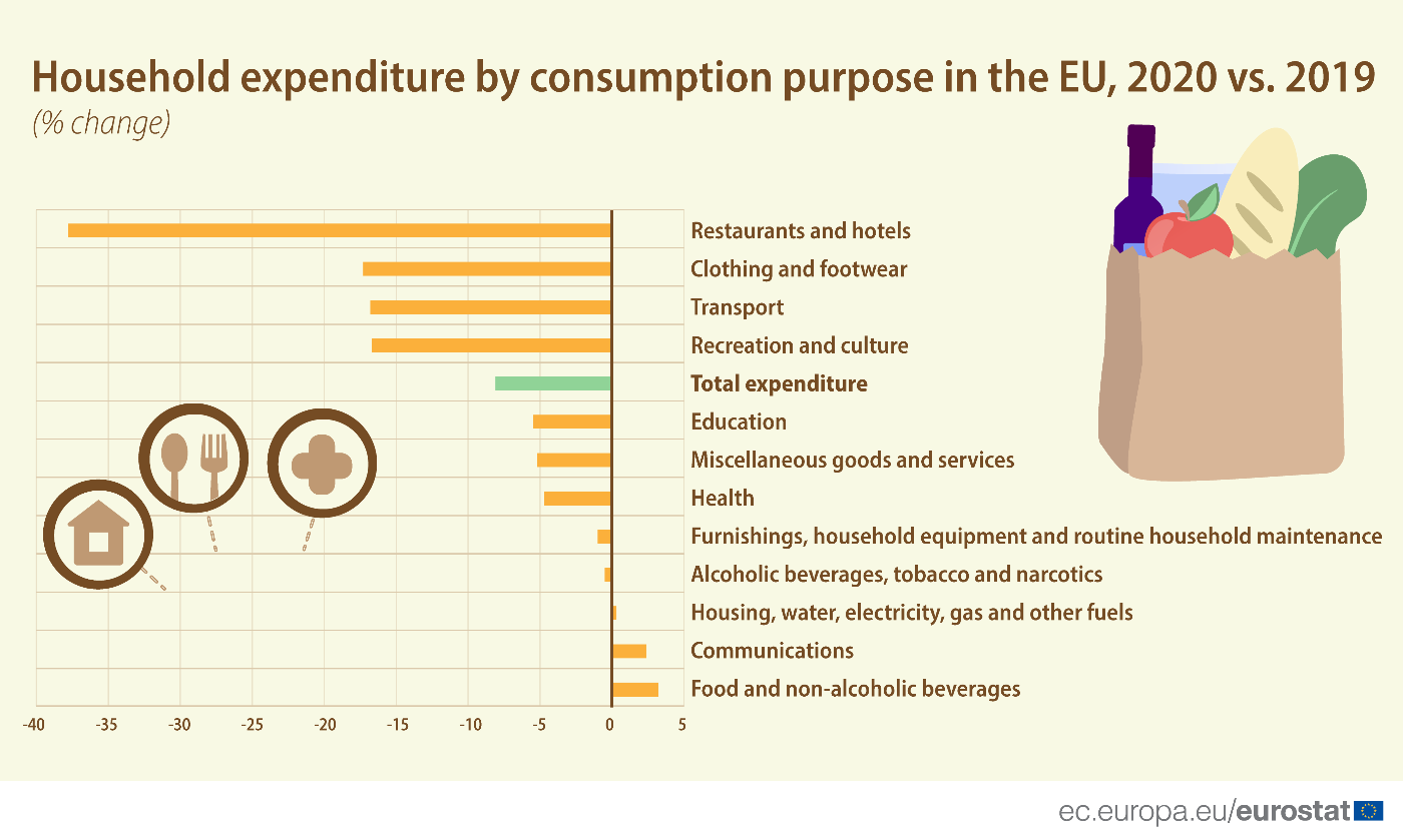 Bar graph:Household expenditure by consumption purpose in the EU, 2020 vs. 2019, % change