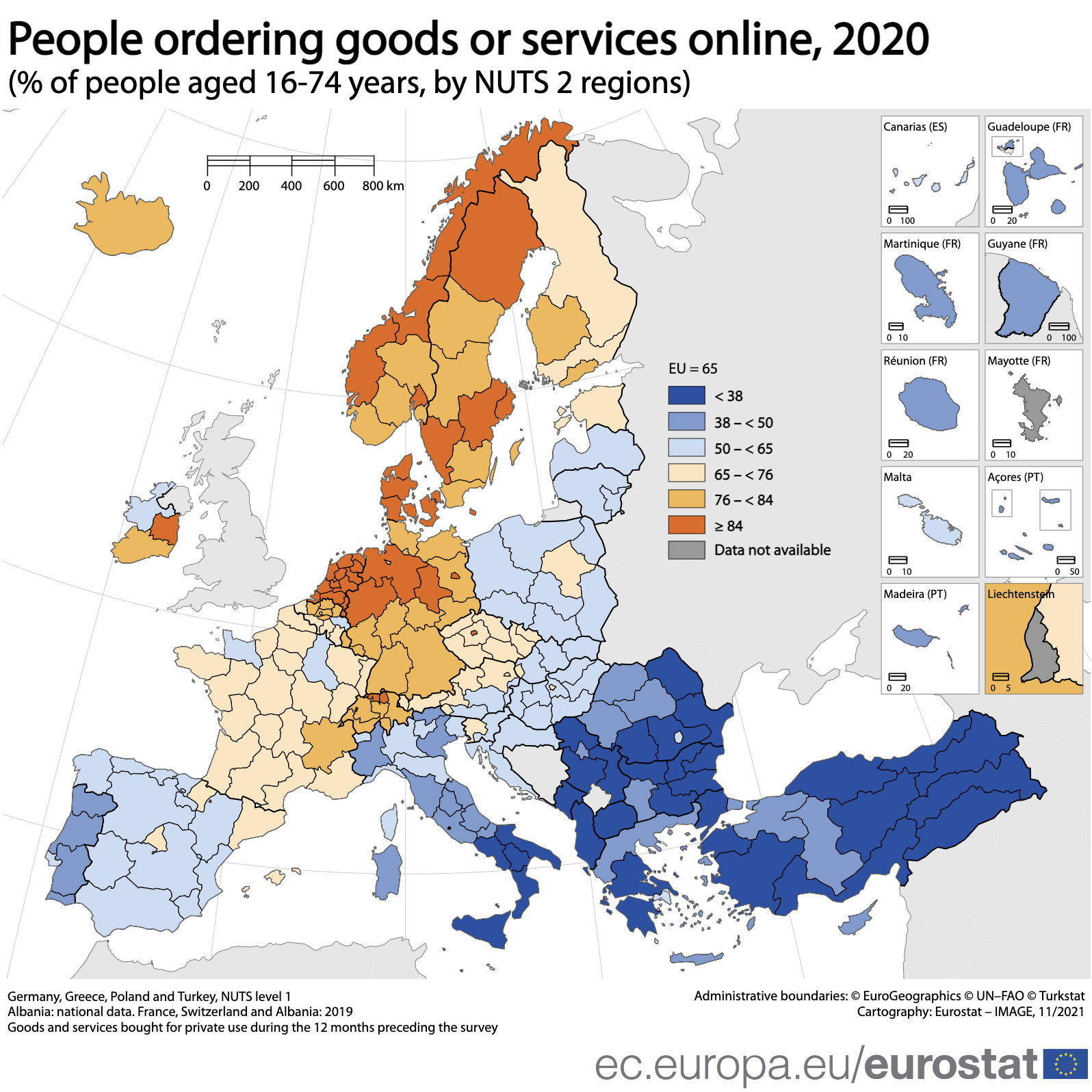 EU MAP: people (% of people aged 16-74 years old) ordering goods and services online, 2020, by NUTS 2 regions