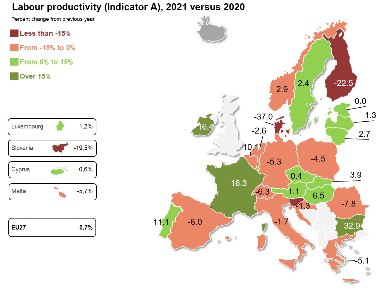 Mapa: Productividad laboral (Indicador A), 2021 versus 2020, cambio porcentual con respecto al año anterior