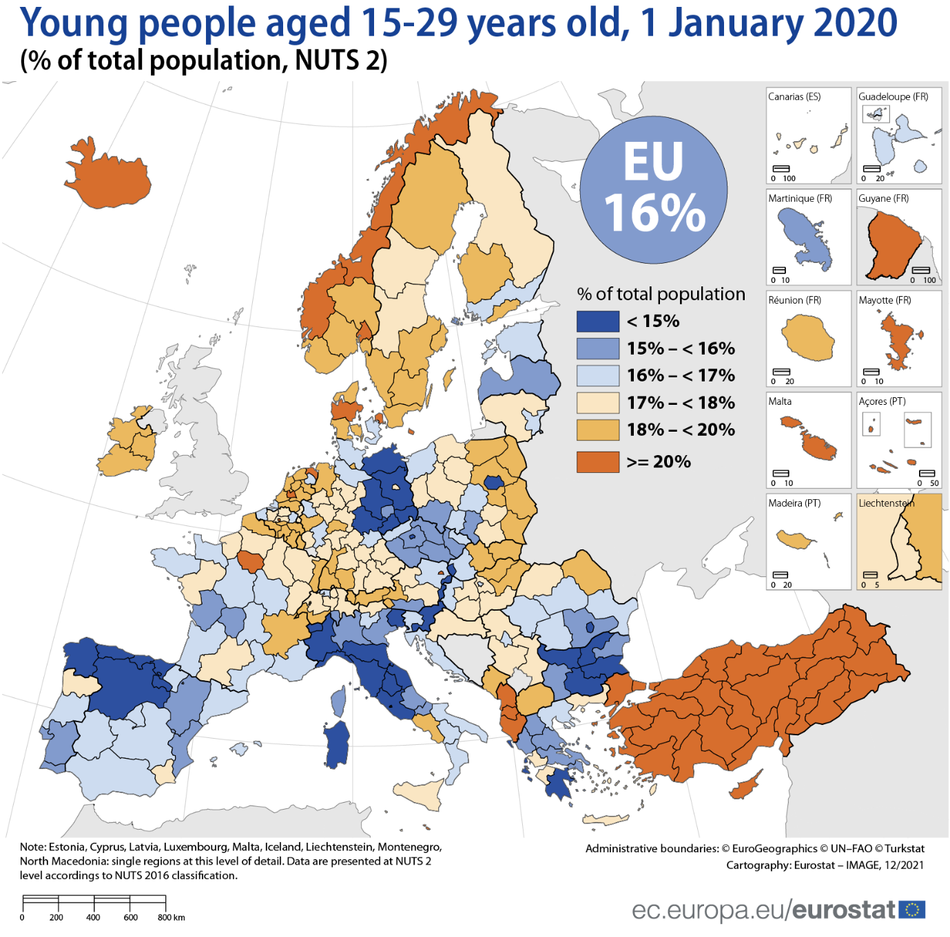 Carte : Jeunes âgés de 15 à 29 ans, au 1er janvier 2020, en % de la population totale, NUTS 2, dans l'UE, l'AELE et les pays candidats