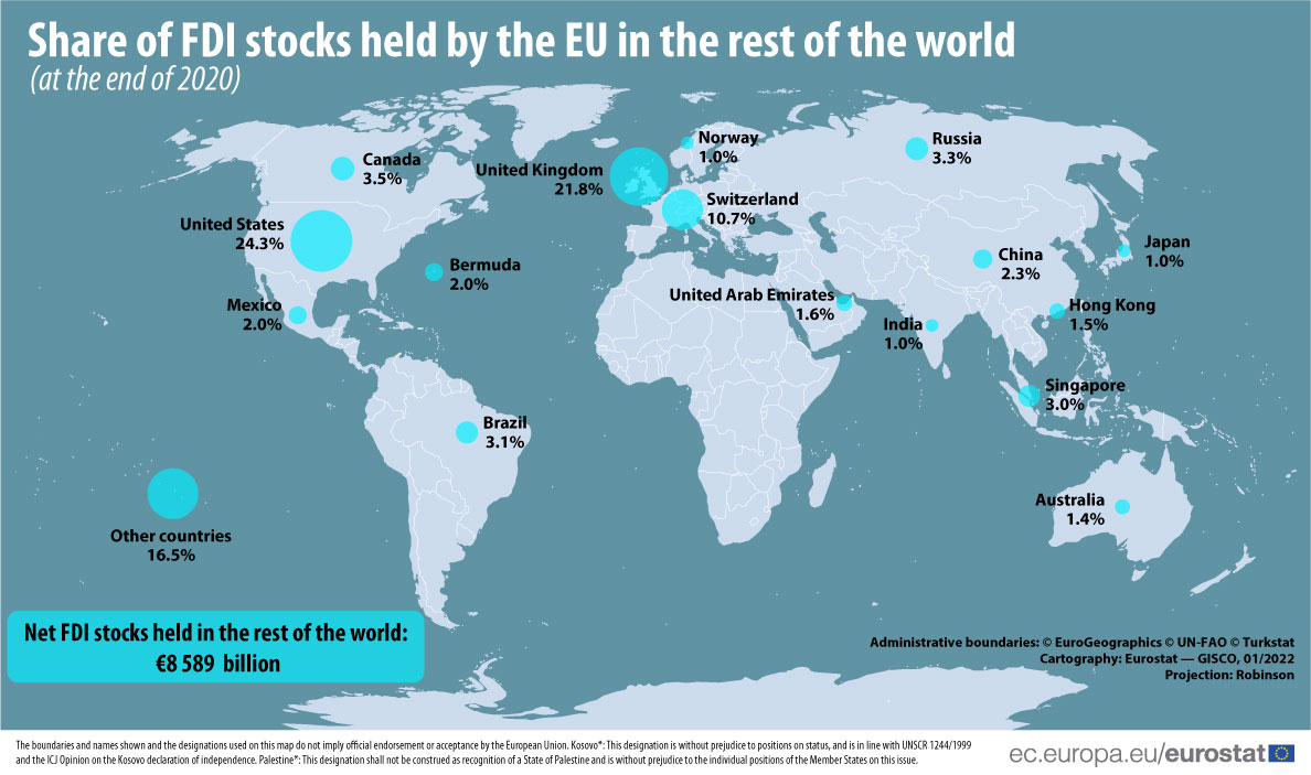 Map: Share of FDI stocks held by the EU in the rest of the world at the end of 2020. The data is located right below this visual.