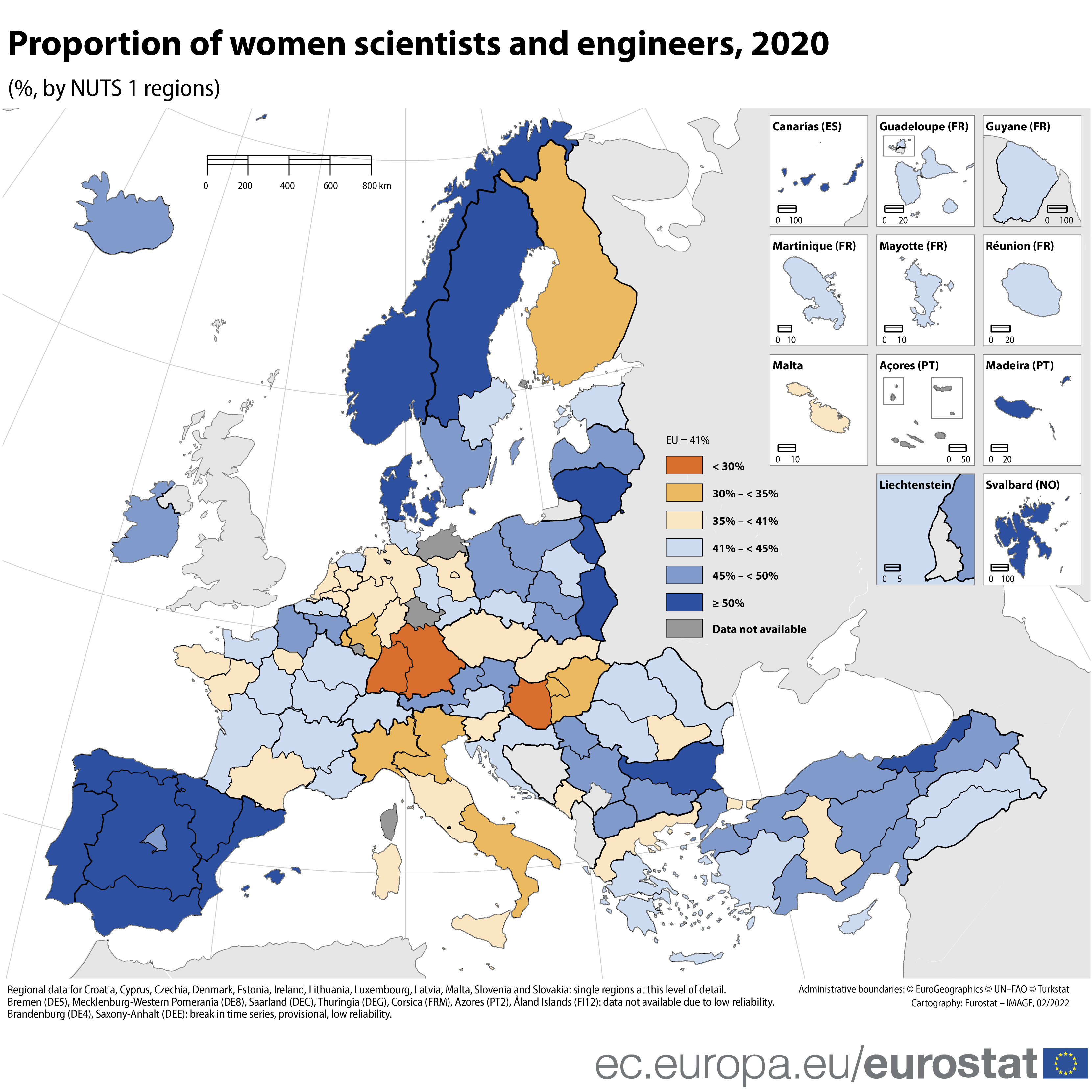 EU MAP: proportion of women scientists and engineers, 2020 (%, by NUTS 1 regions)