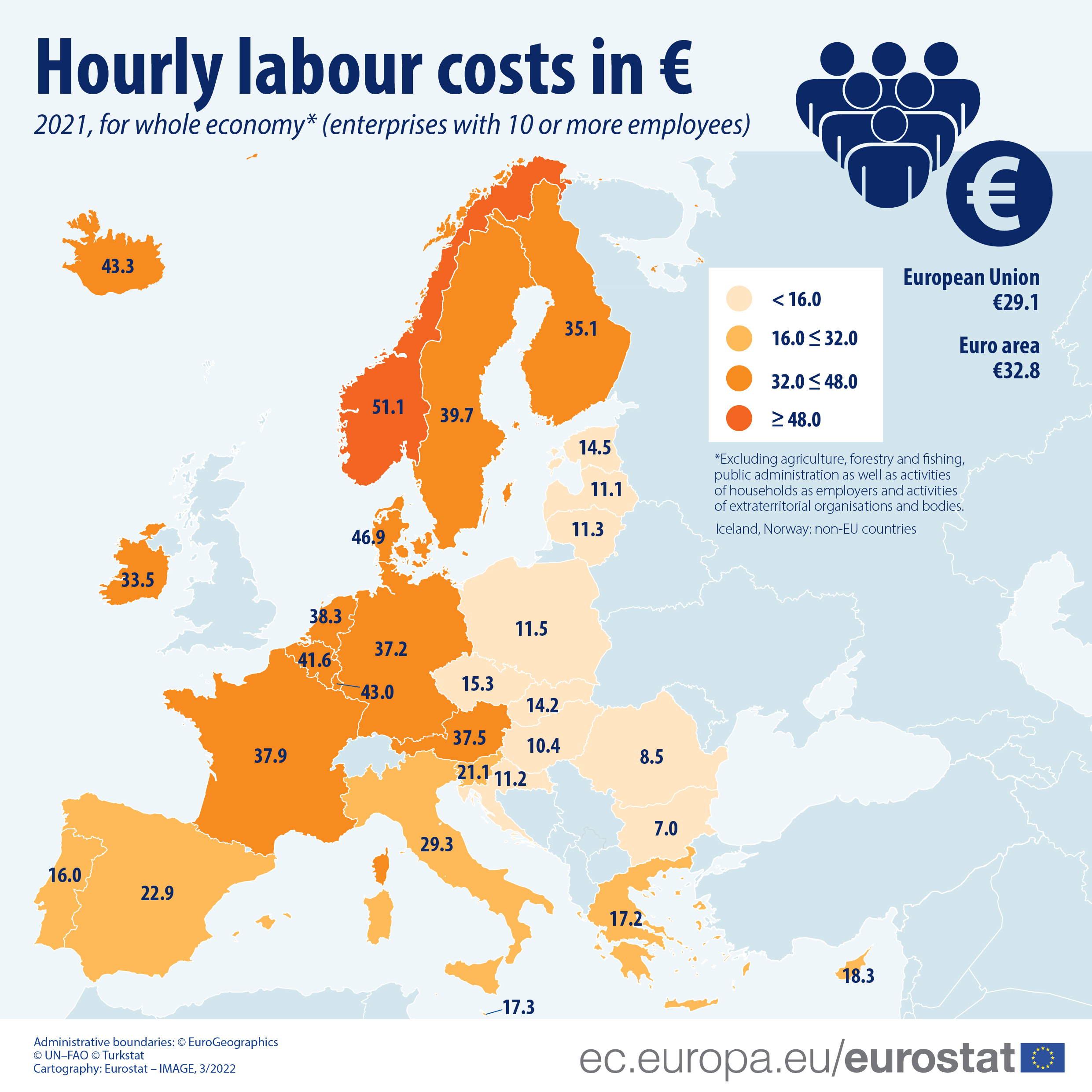MAP: Hourly labour costs in euros, 2021, whole economy (enterprises with 10 or more employees)