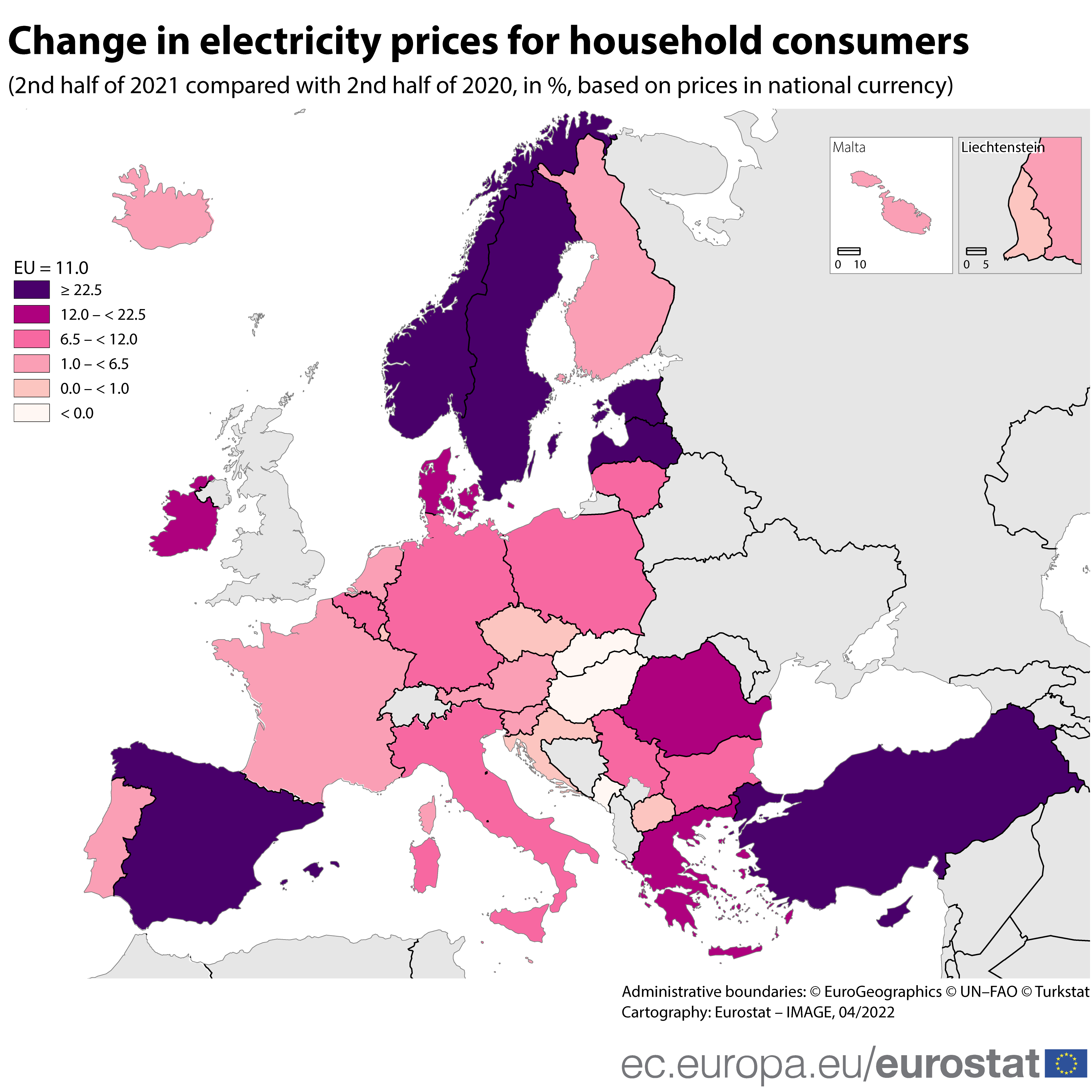 Carte : Évolution des prix de l'électricité pour les consommateurs résidentiels, 2e semestre 2021 par rapport au 2e semestre 2020, en %, sur la base des prix en monnaie nationale, dans les pays de l'UE et de l'AELE