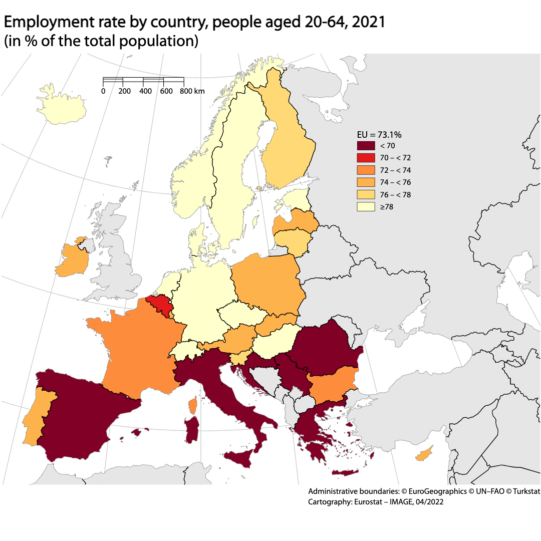 Carte : taux d'emploi par pays, personnes âgées de 20 à 64 ans, 2021 (en % de la population totale)