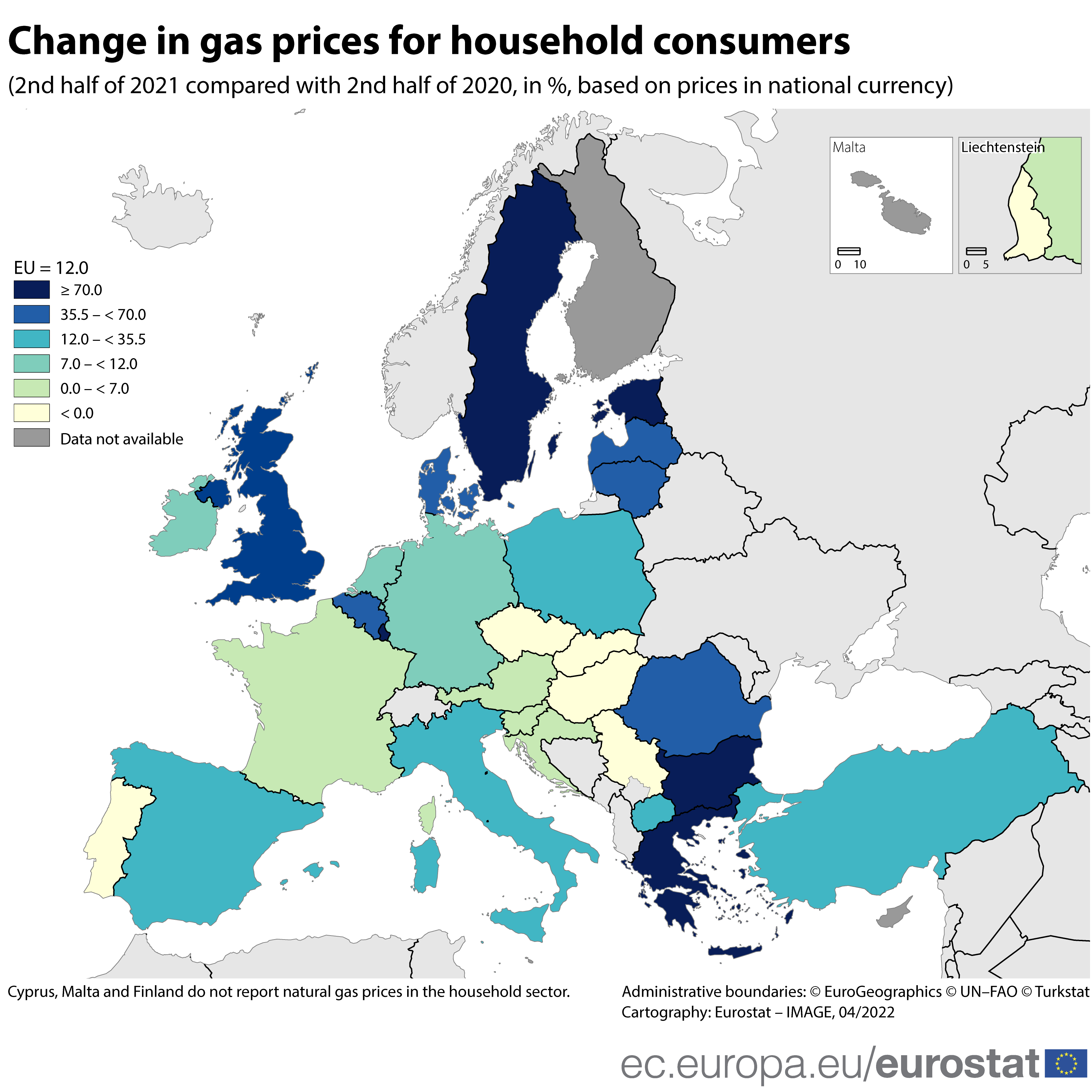 Carte : Évolution des prix du gaz pour les ménages, 2e semestre 2021 par rapport au 2e semestre 2020, en %, sur la base des prix en monnaie nationale, dans les pays de l'UE et de l'AELE