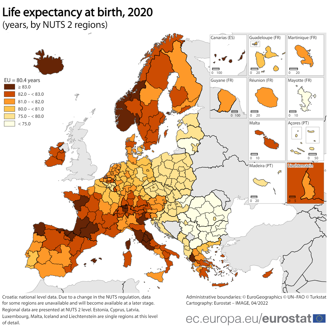 Map: Life expectancy at birth, 2020, years, by NUTS 2 regions in the EU and EFTA countries