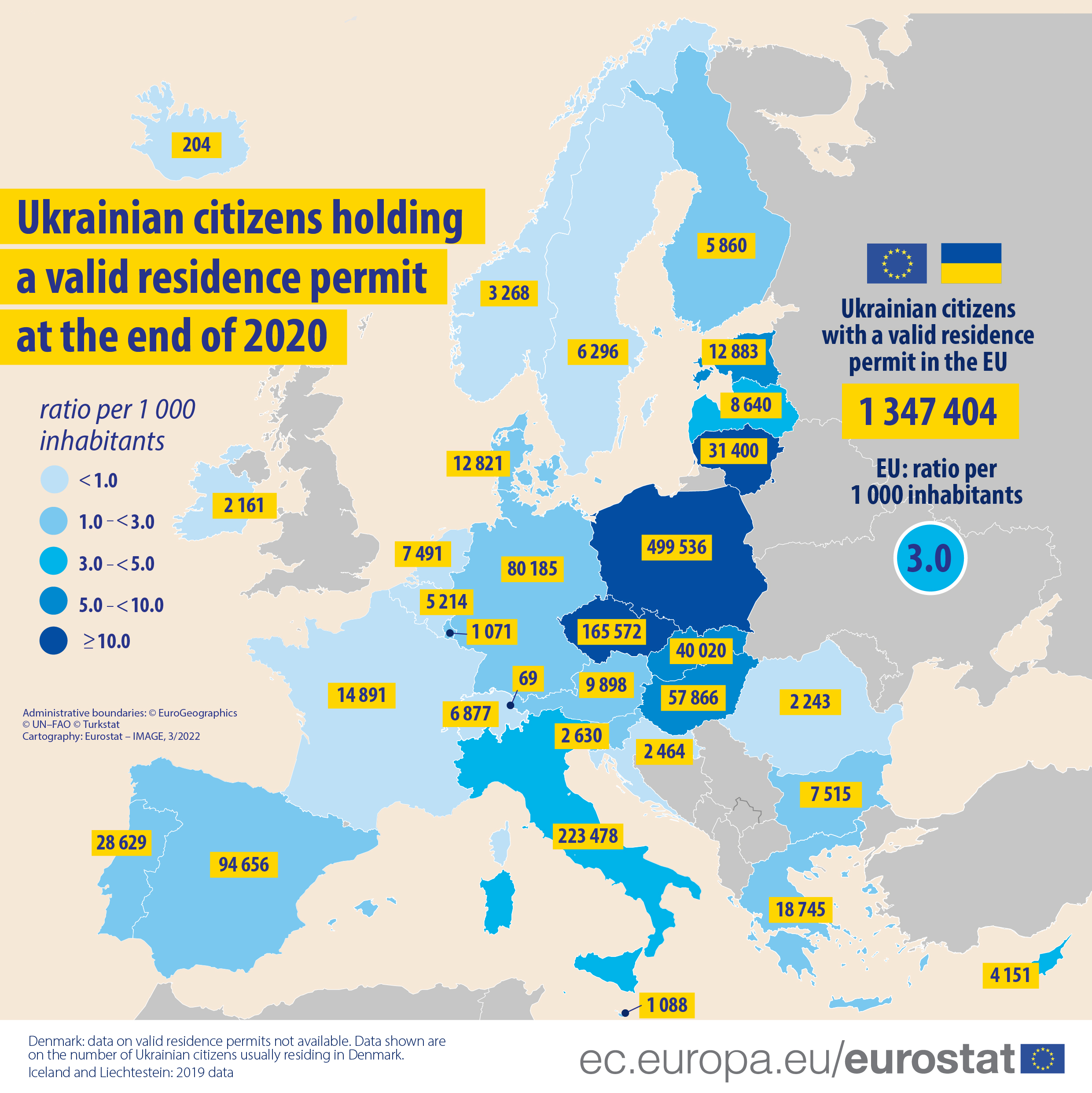 Map: Ukrainian citizens holding a valid residence permit at the end of 2020, absolute value and ratio per 1000 inhabitants, in the EU and EFTA countries
