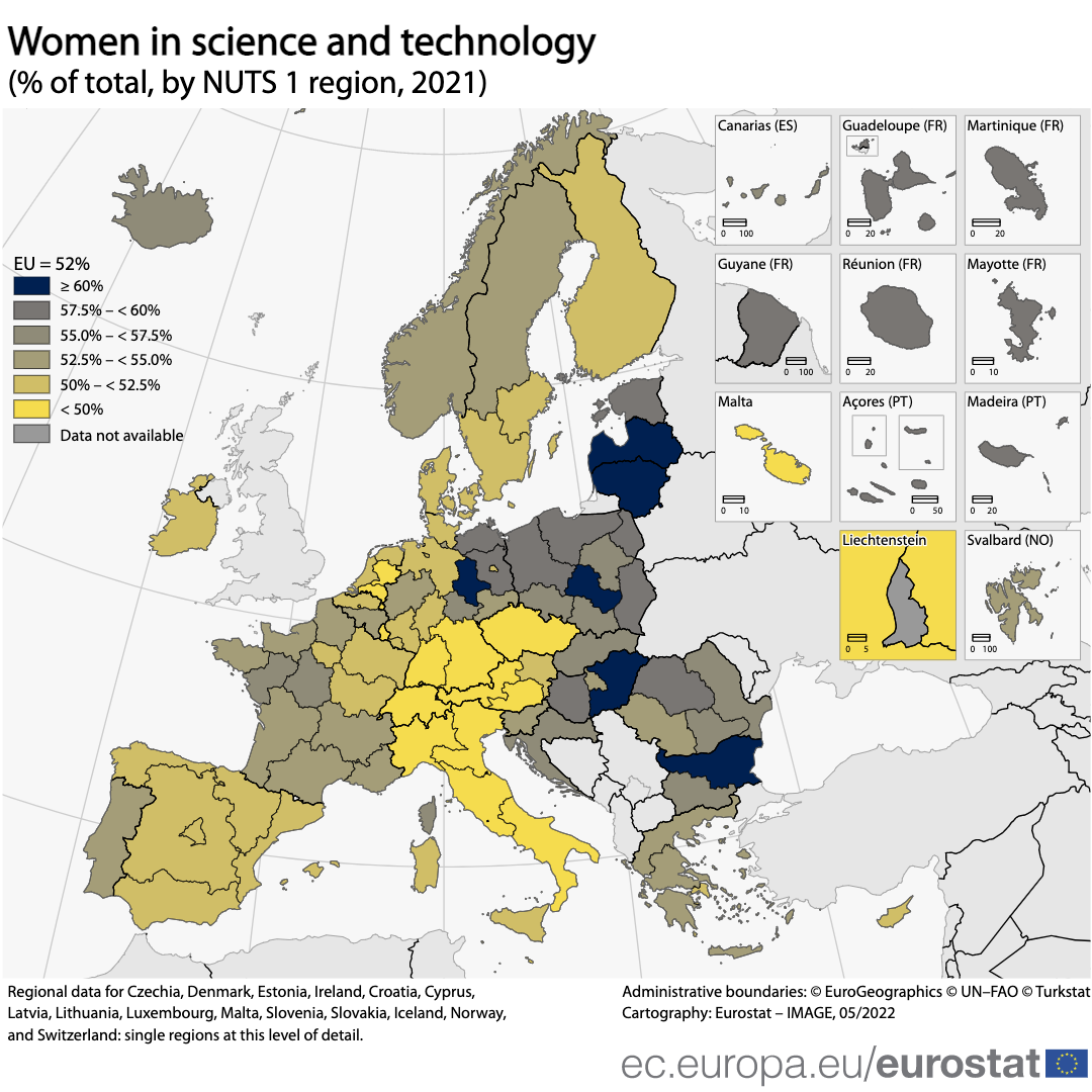 Mappa: donne nella scienza e nella tecnologia (% del totale, nat 1 per regione, 2021)