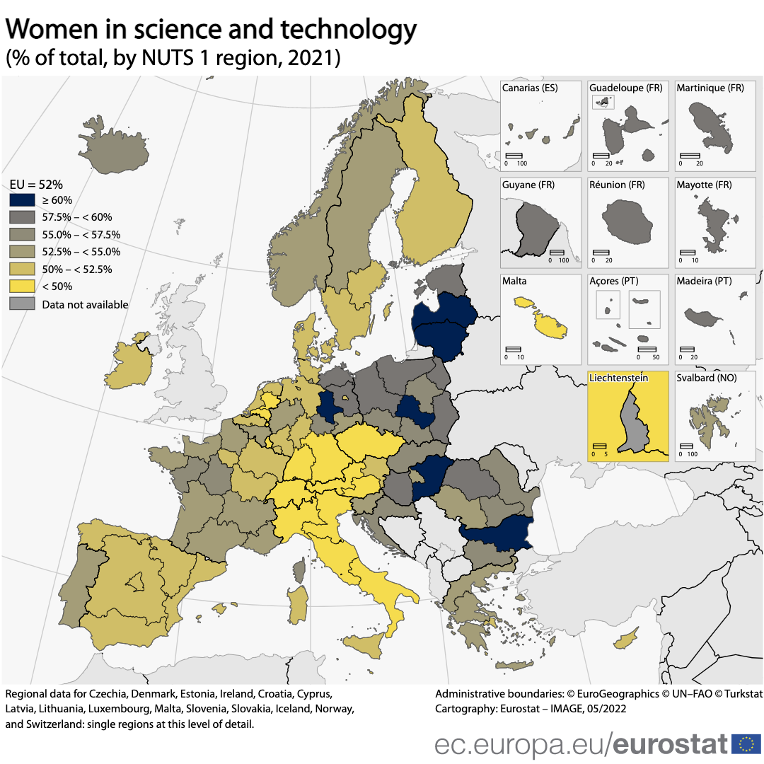 KARTE: sievietes zinātnē un tehnoloģijā (% no kopējā apjoma, pēc NUTS 1. reģiona, 2021. gads)