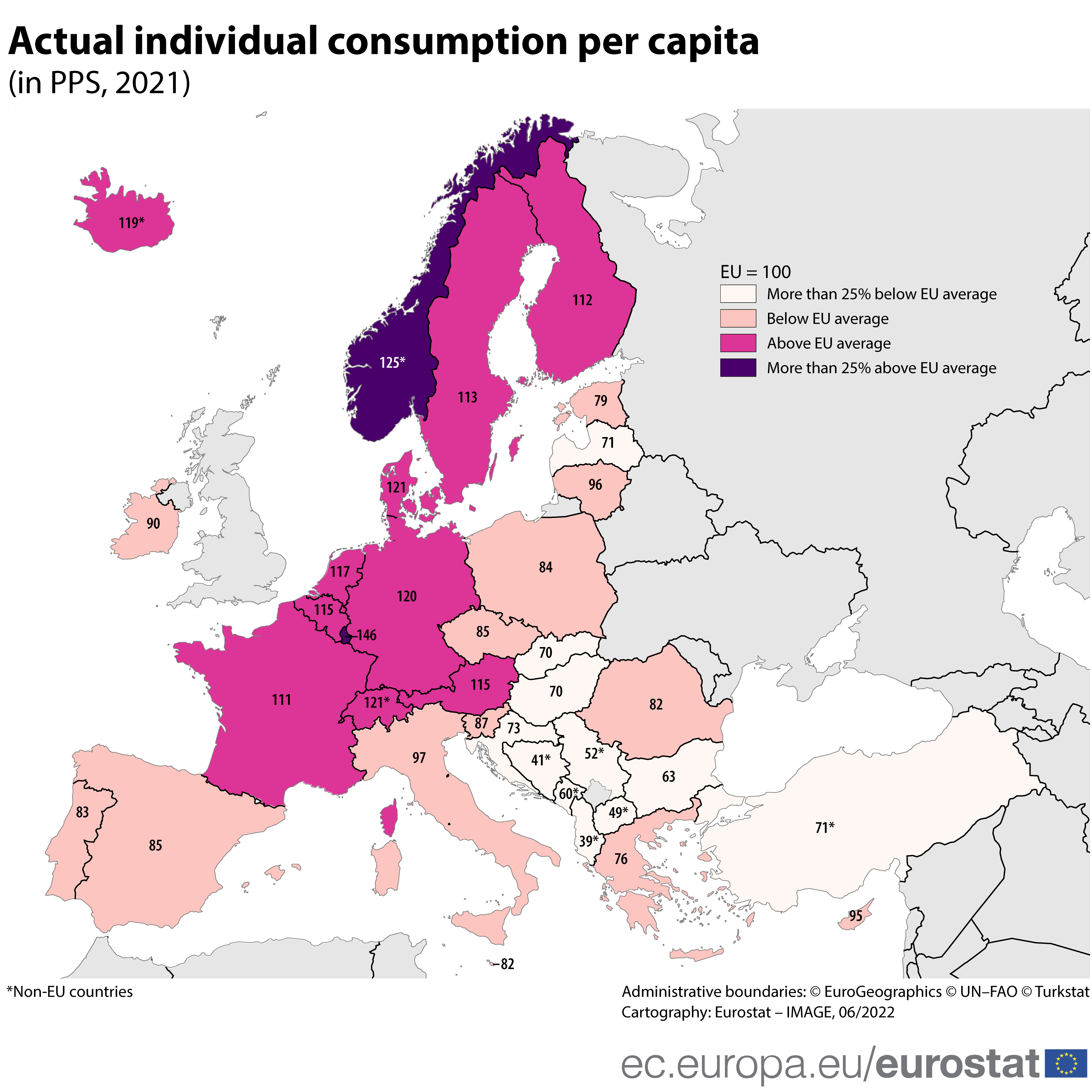 Χάρτης: Πραγματική κατά κεφαλήν ατομική κατανάλωση σε PPs, 2021, στην ΕΕ, την ΕΖΕΣ και τρίτες χώρες