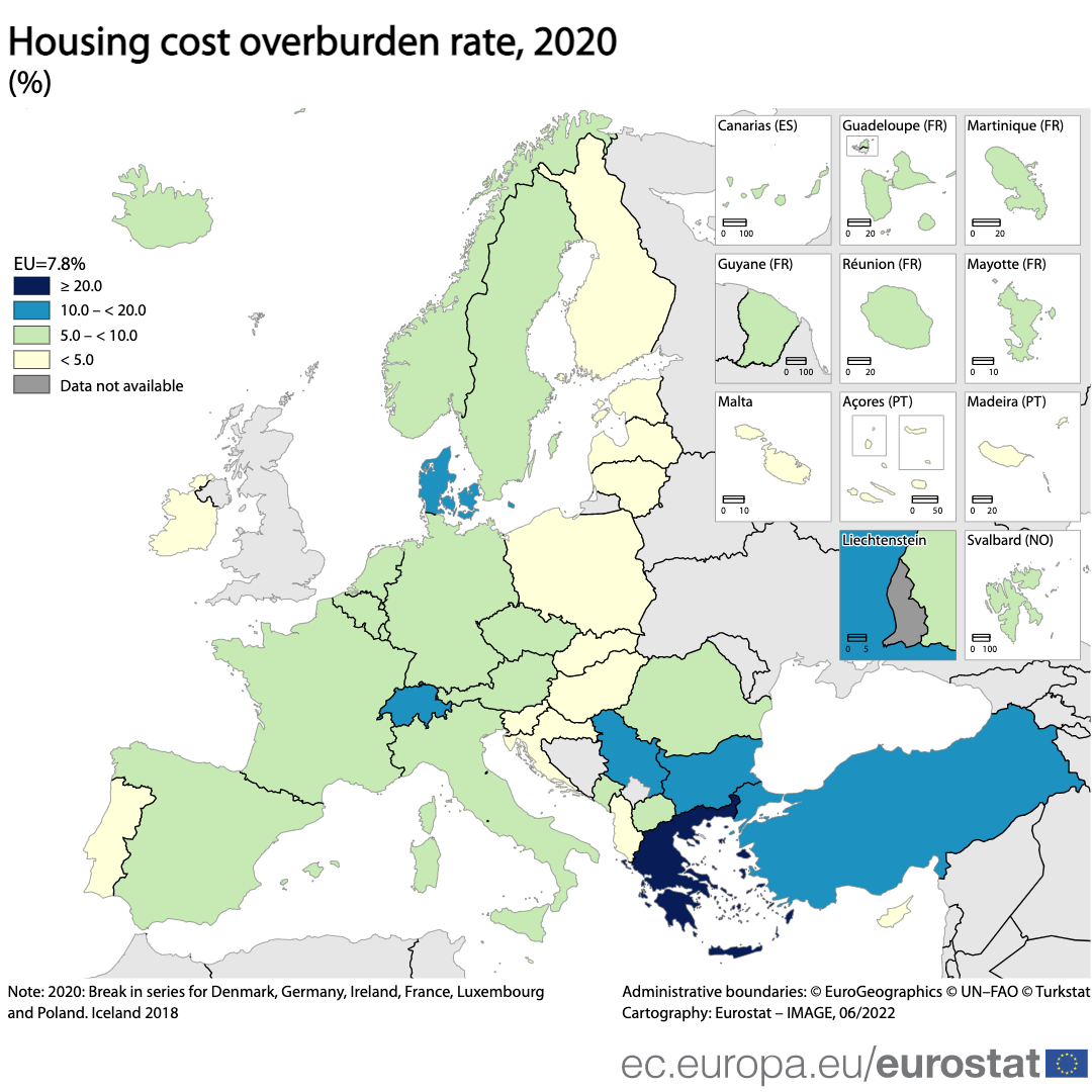 Map: Housing cost overburden rate in %, 2020