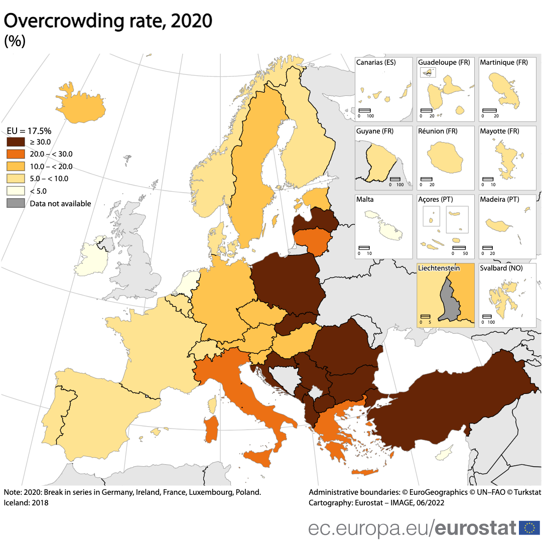 Map: Overcrowding rate in %, 2020
