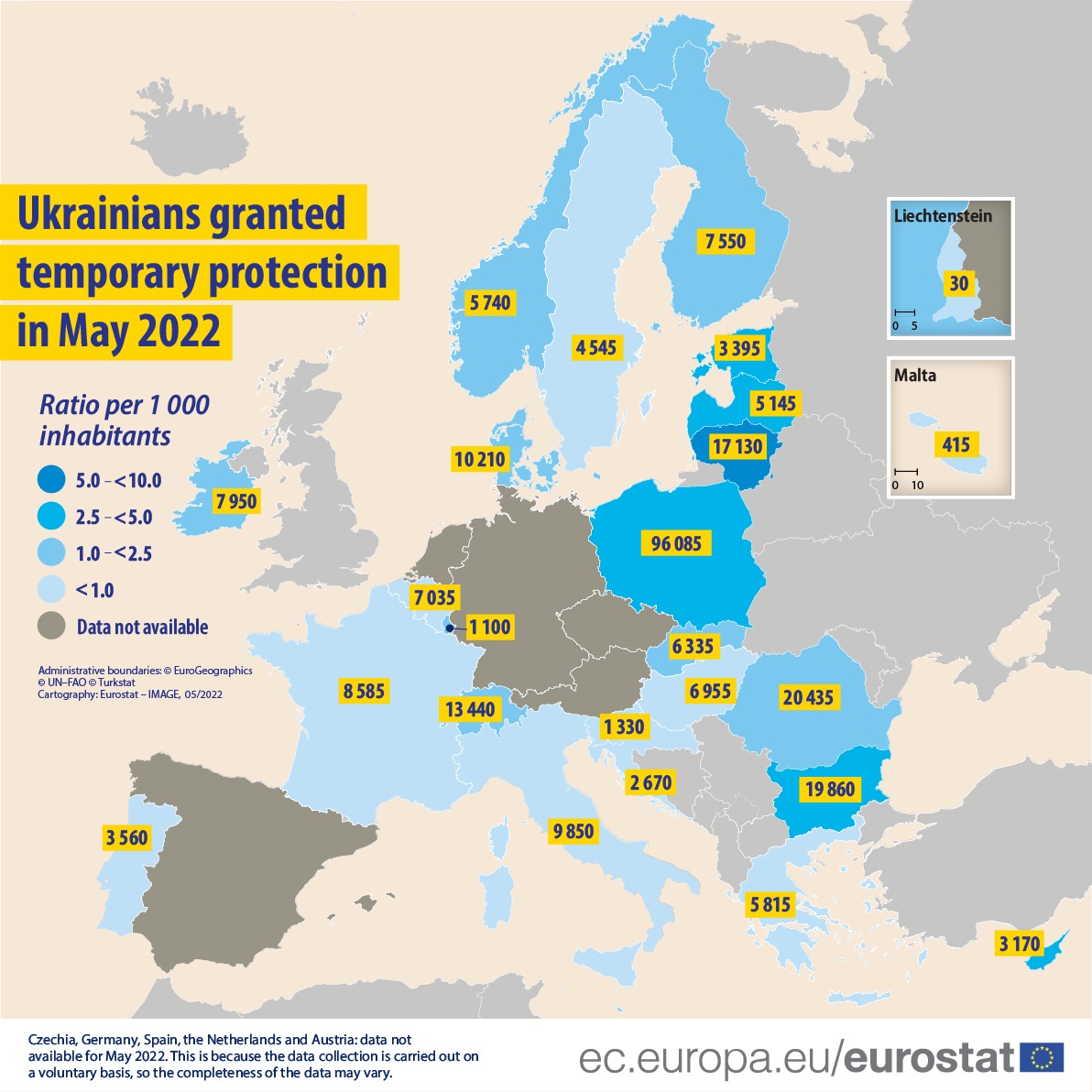 Hartă: ucrainenii au primit protecție temporară în mai 2022, rata la 1000 de locuitori, în statele membre UE și țările AELS