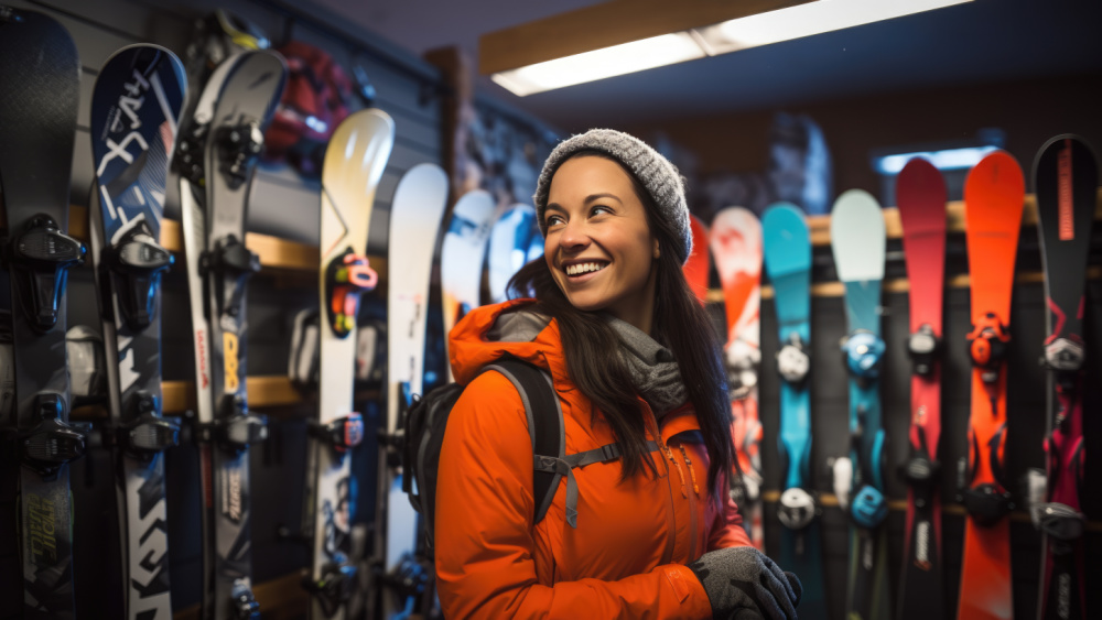 Woman standing in a shop surrounded by snowboards
