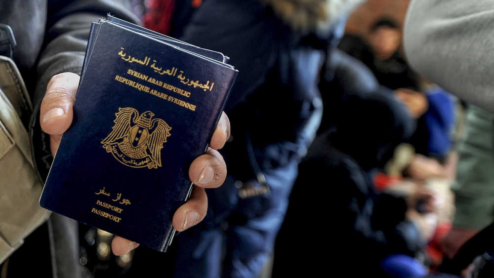 A hand holding a Syrian passport.