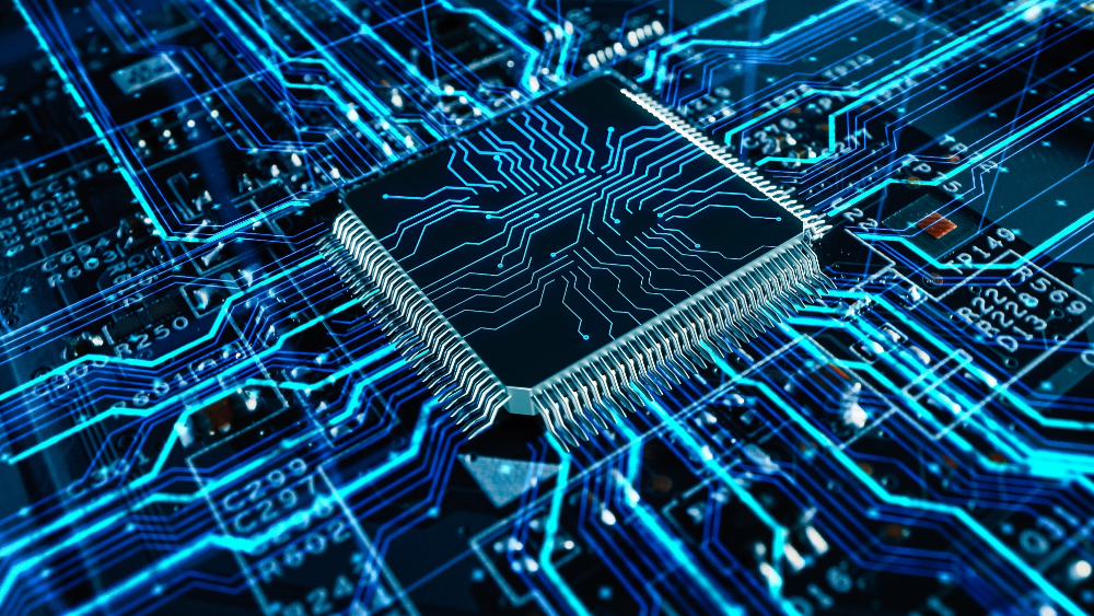 Circuit board CPU processor microchip starting Artificial Intelligence digitalization