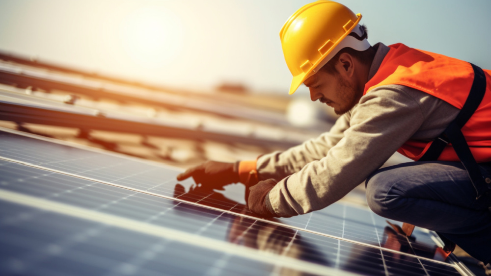 A worker wearing protective clothes putting on solar panels.