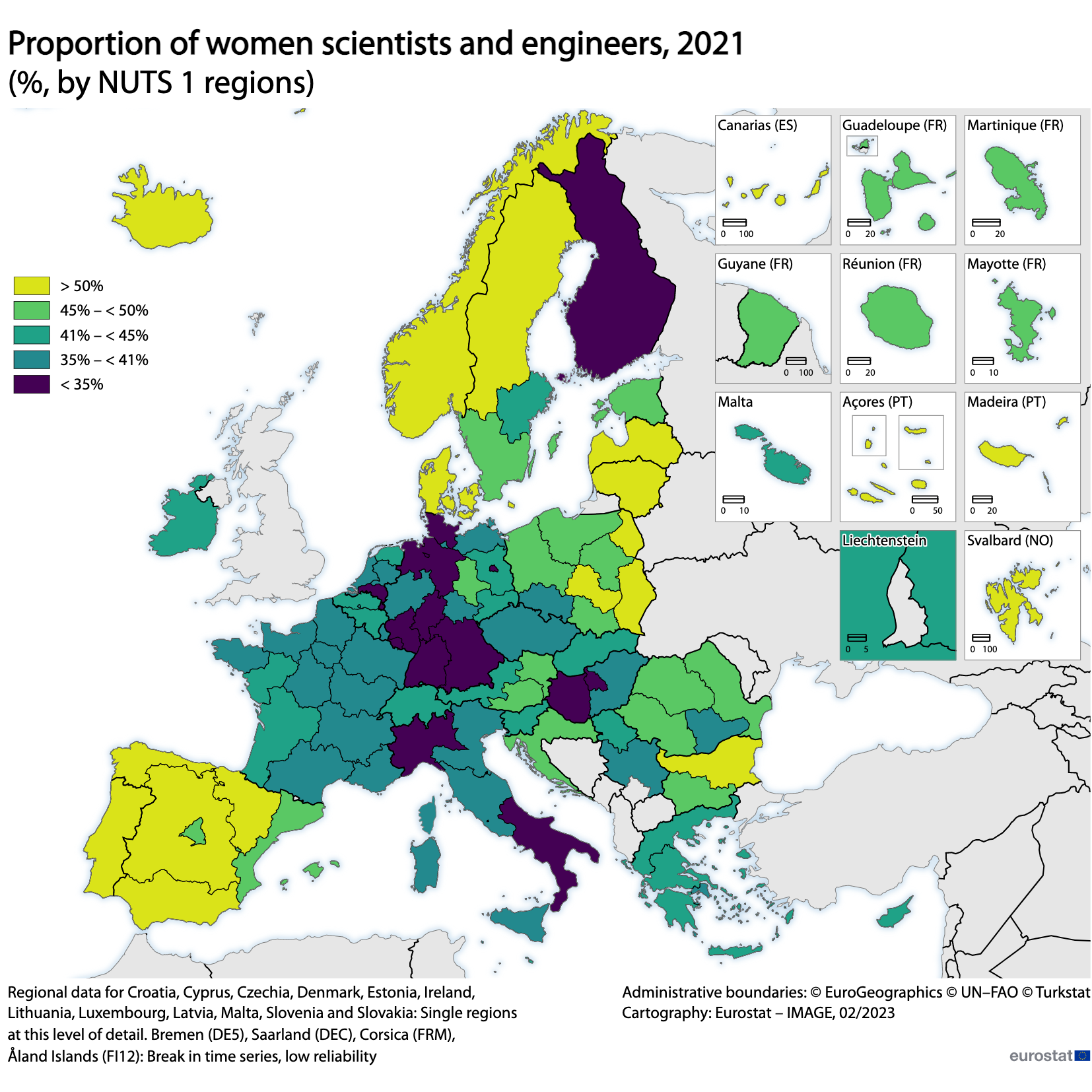 Χάρτης: Αναλογία γυναικών επιστημόνων και μηχανικών, %, ανά περιφέρειες NUTS 1, 2021