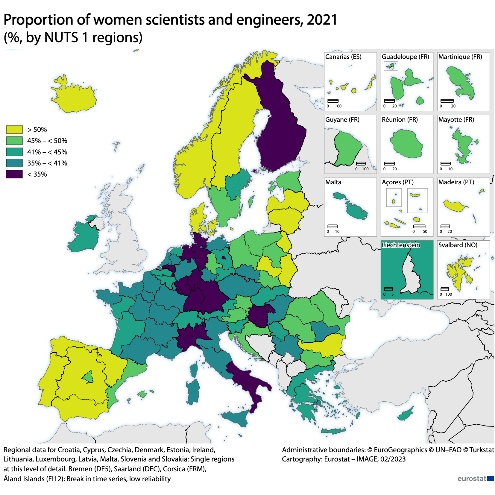 Mapa: Proporção de mulheres cientistas e engenheiras, %, por regiões NUTS 1, 2021