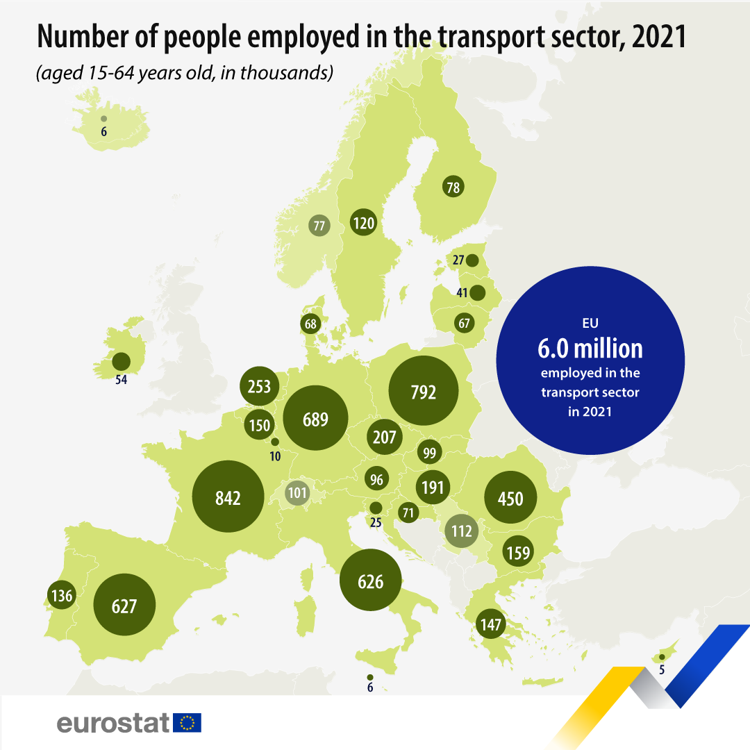 Χάρτης: Αριθμός απασχολουμένων στον τομέα των μεταφορών, ηλικίας 15-64 ετών, σε χιλιάδες, 2021