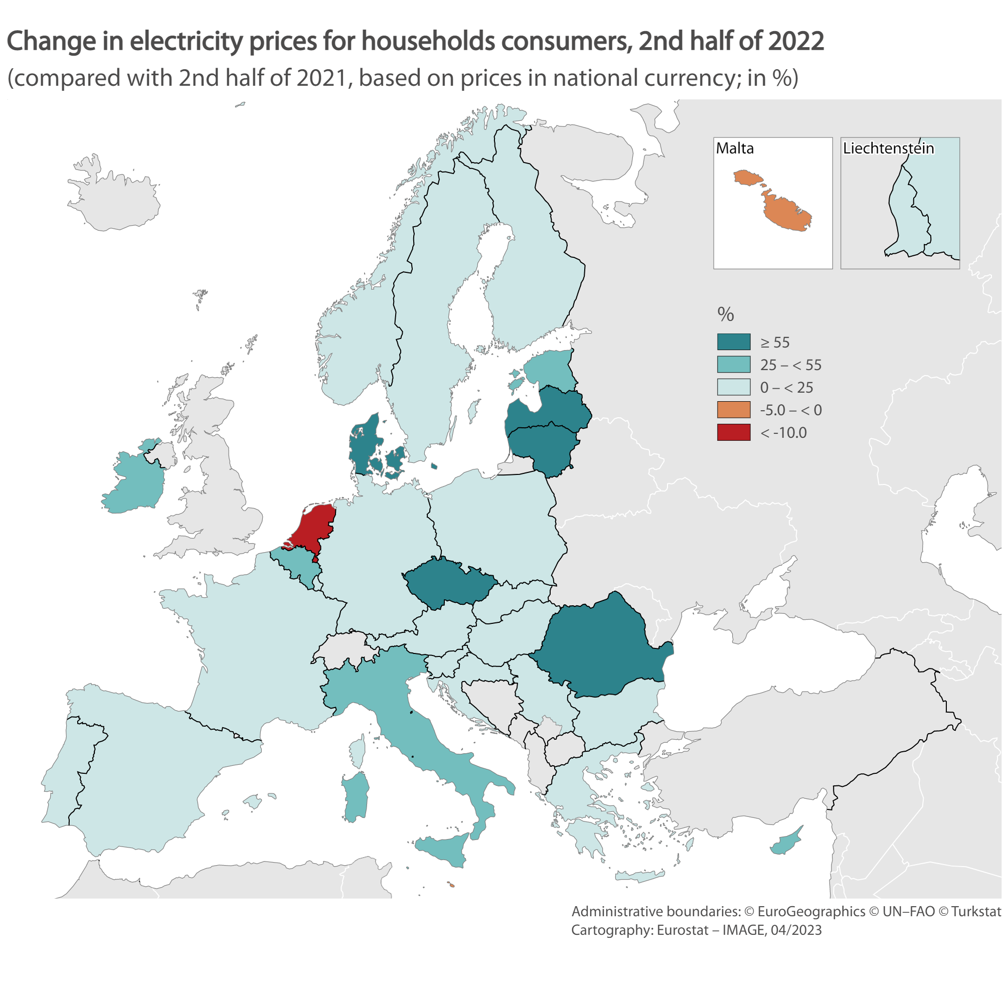 Map: change in electricity prices in the EU, 2nd half of 2022 compared with 2nd half of 2021, based in prices in national currencies, in %