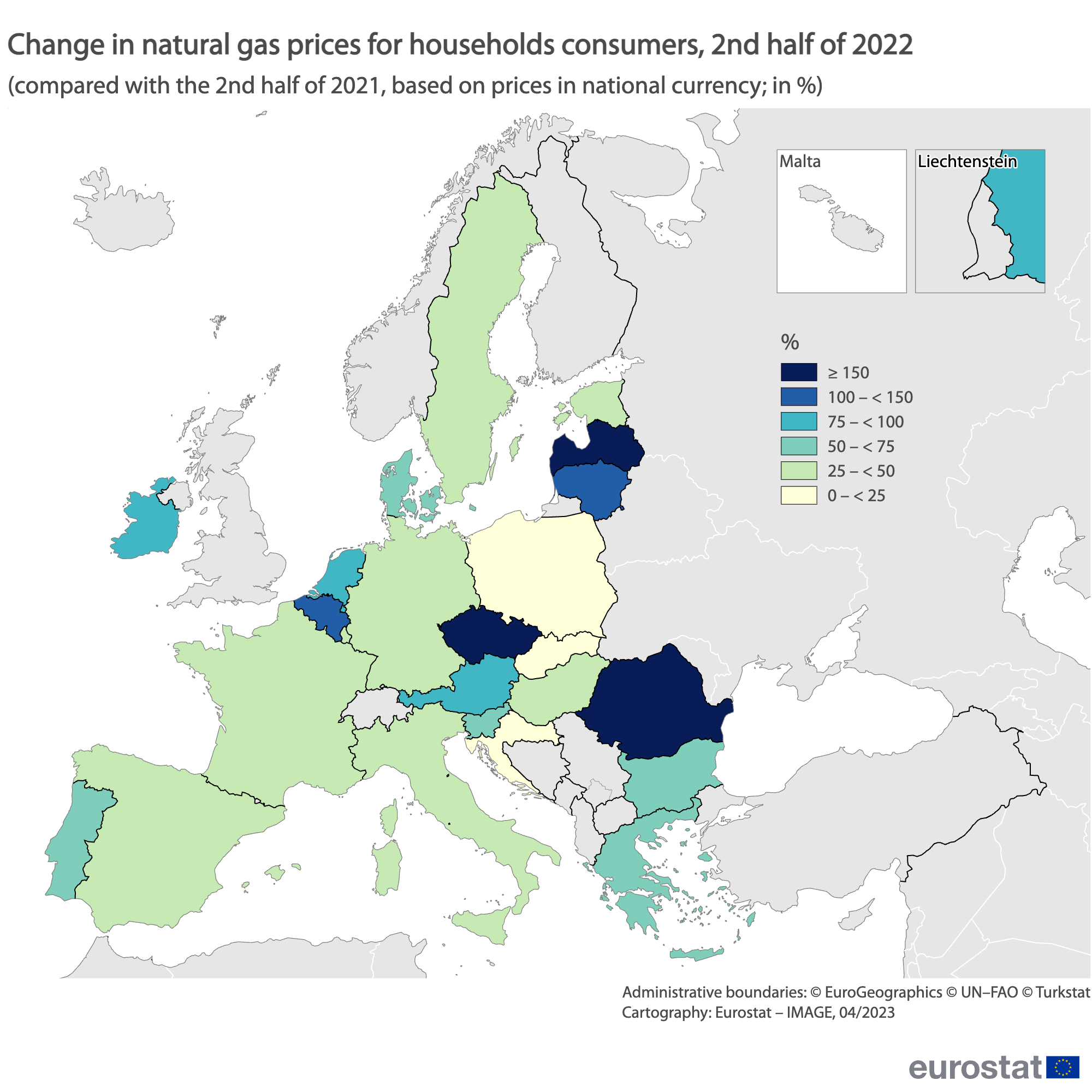 Map: change in natural gas prices, 2nd half of 2022 compared with 2nd half of 2021, based in national currencies, in %